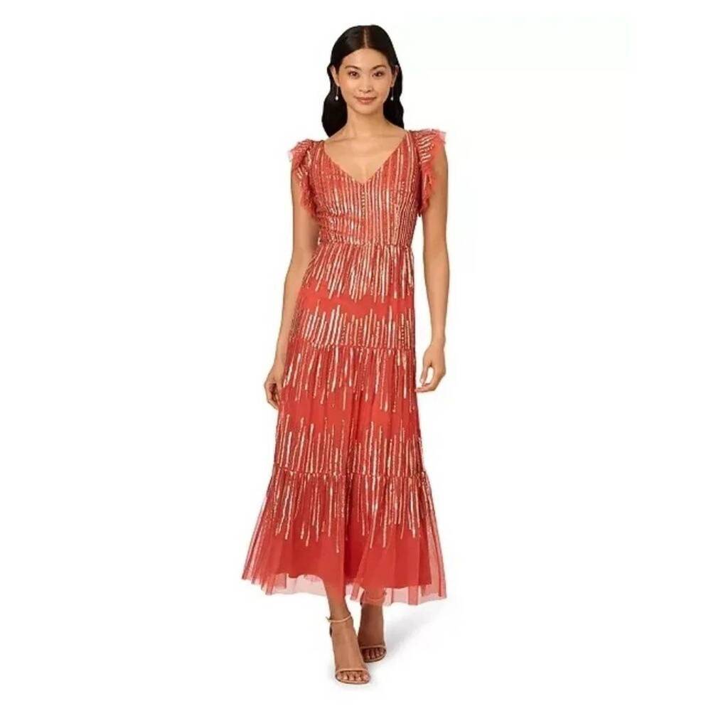NEW ADRIANNA PAPELL women's beaded mesh tiered dress in amber